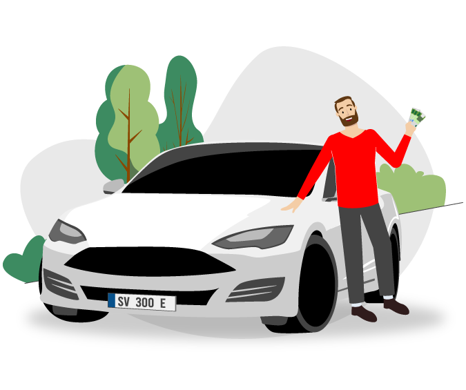 THG-Quote Elektroauto - Illustration Mann mit Elektroauto und Geld in der Hand
