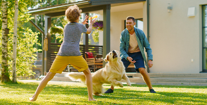 Vater und Sohn spielen mit Hund