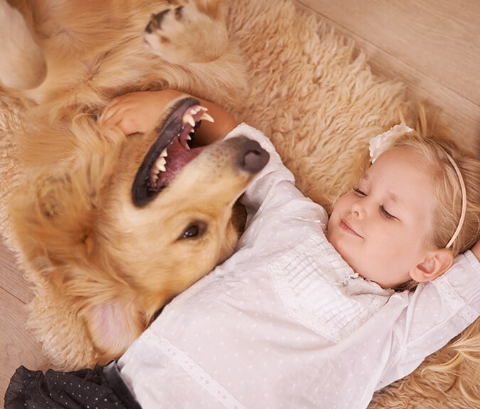 Hundehaftpflicht - Kind schmust mit Hund am Boden