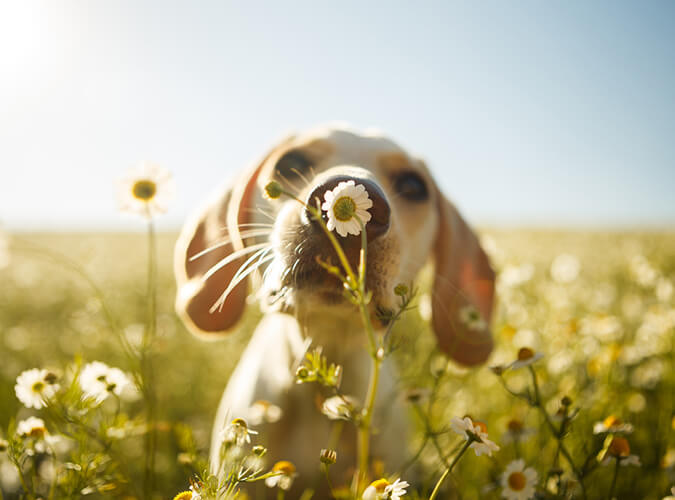 Hund schnuppert an Blume
